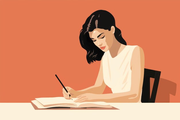 Frau schreibt an einem Schreibtisch, Illustration für Content-Erstellung