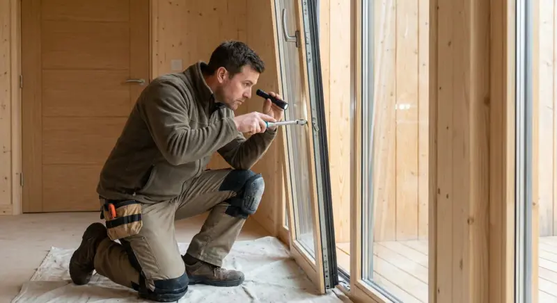 Fenster- und Türenwartung im Fertighaus, Techniker prüft moderne Beschläge, Dichtungen und Außenbauteile für optimale Energieeffizienz und Langlebigkeit.