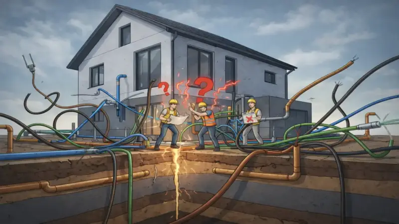 Hausanschlüsse am Fertighaus mit sichtbaren Leitungen für Strom, Wasser und Telekommunikation an der Gebäudeeinführung.