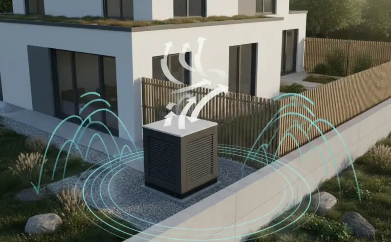 Luft-Wasser-Wärmepumpe im Außenbereich eines Neubaus nahe Grundstücksgrenze mit Darstellung von Abstand, Schallreflexion und Luftzirkulation.